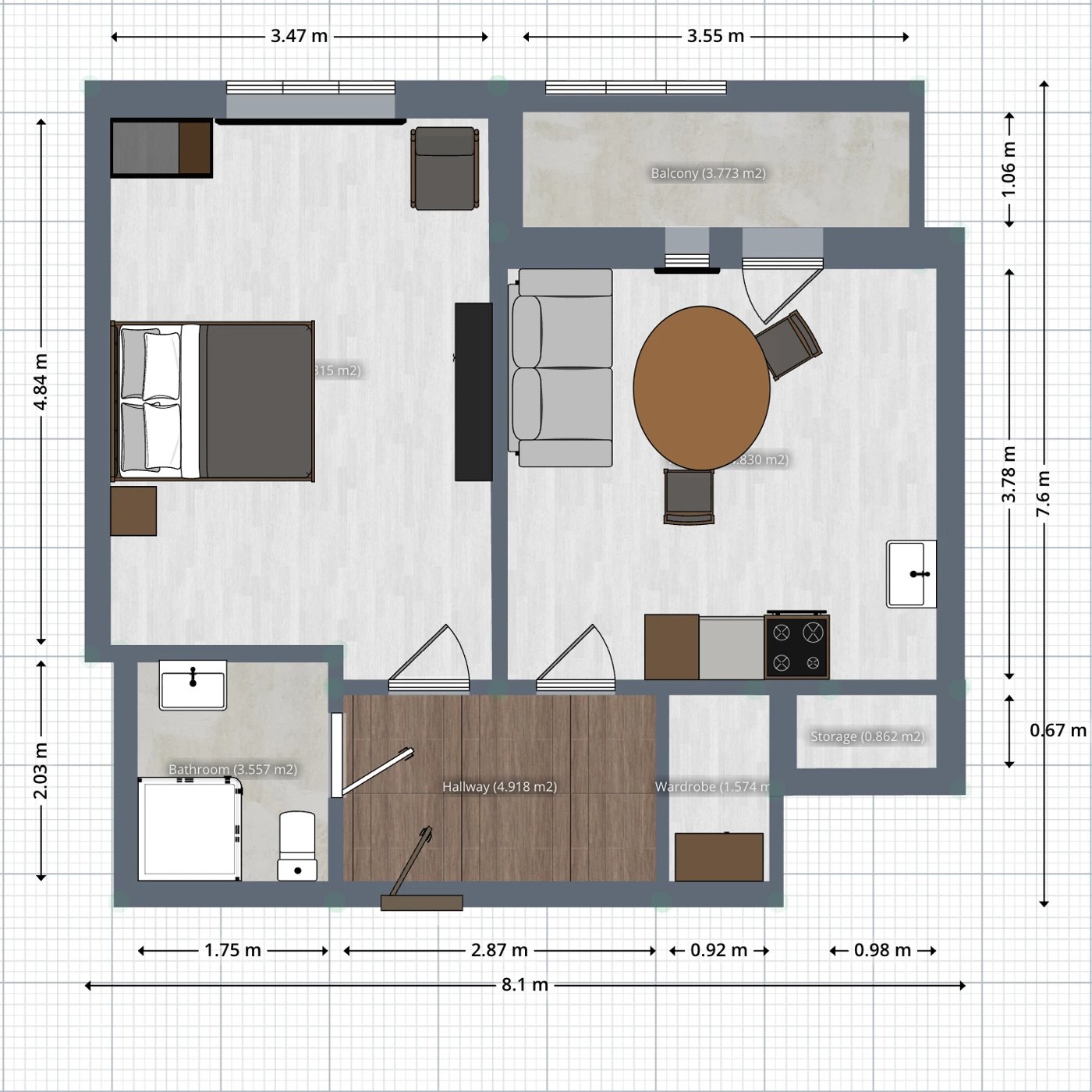 The plan as recognised by AI in Planner 5D: walls, doors, windows and rooms with their sizes and areas