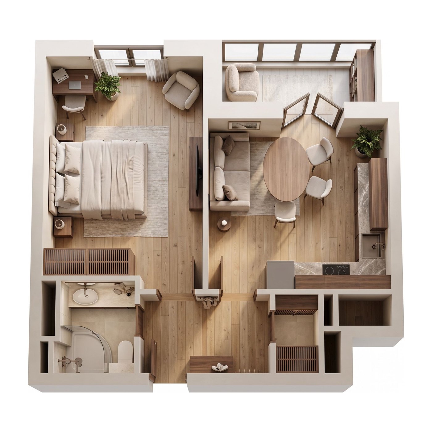 AI Studio result: the same apartment as a furnished, photoreal top view