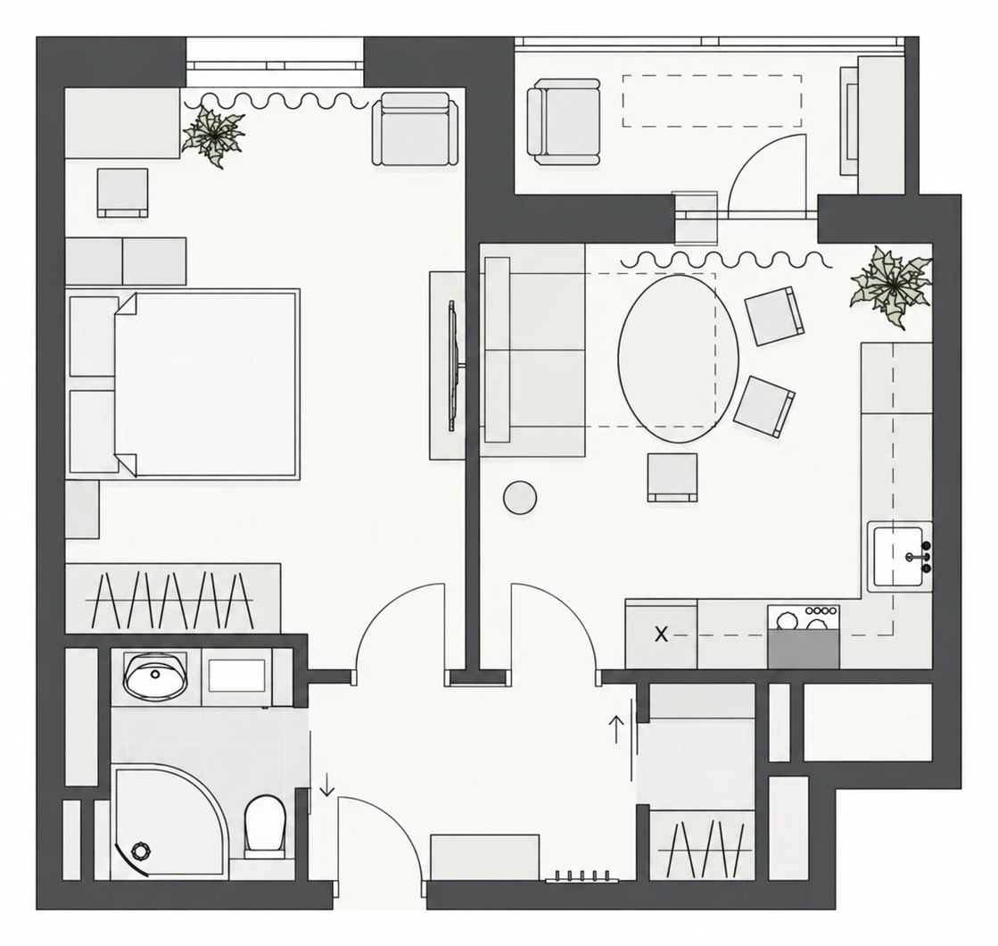 The original floor plan: a black-and-white line drawing of a one-bedroom apartment
