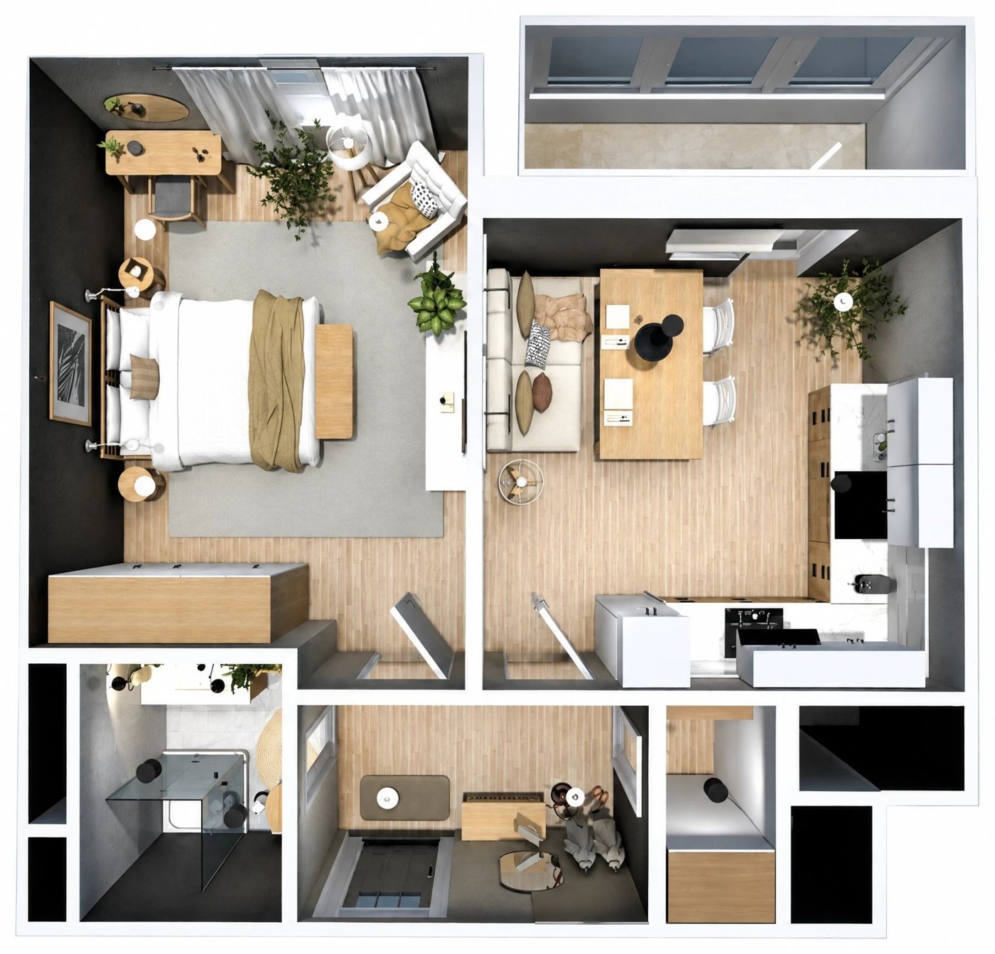 3D floor plan seen from above