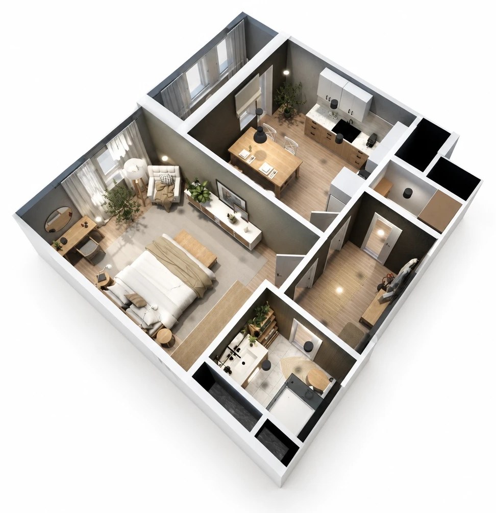3D floor plan, angled view from above